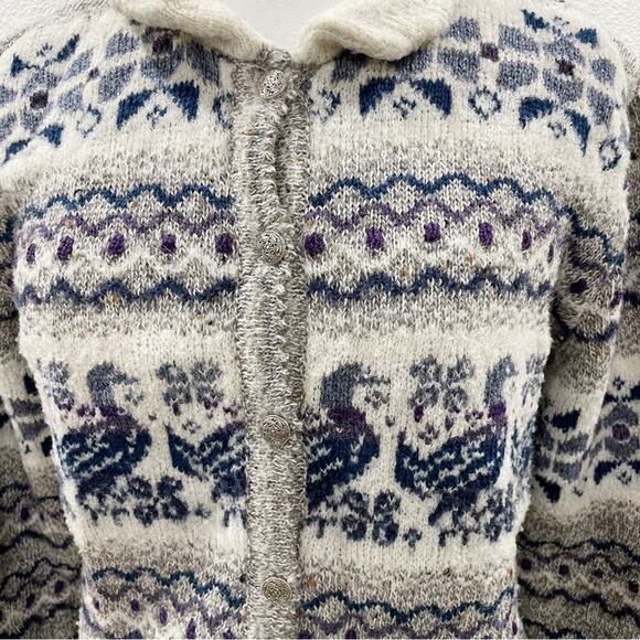 Vintage Bebhinn Marten Irish Wool Cardigan Sweater Fair Isle Bird P XS - Picture 2 of 7